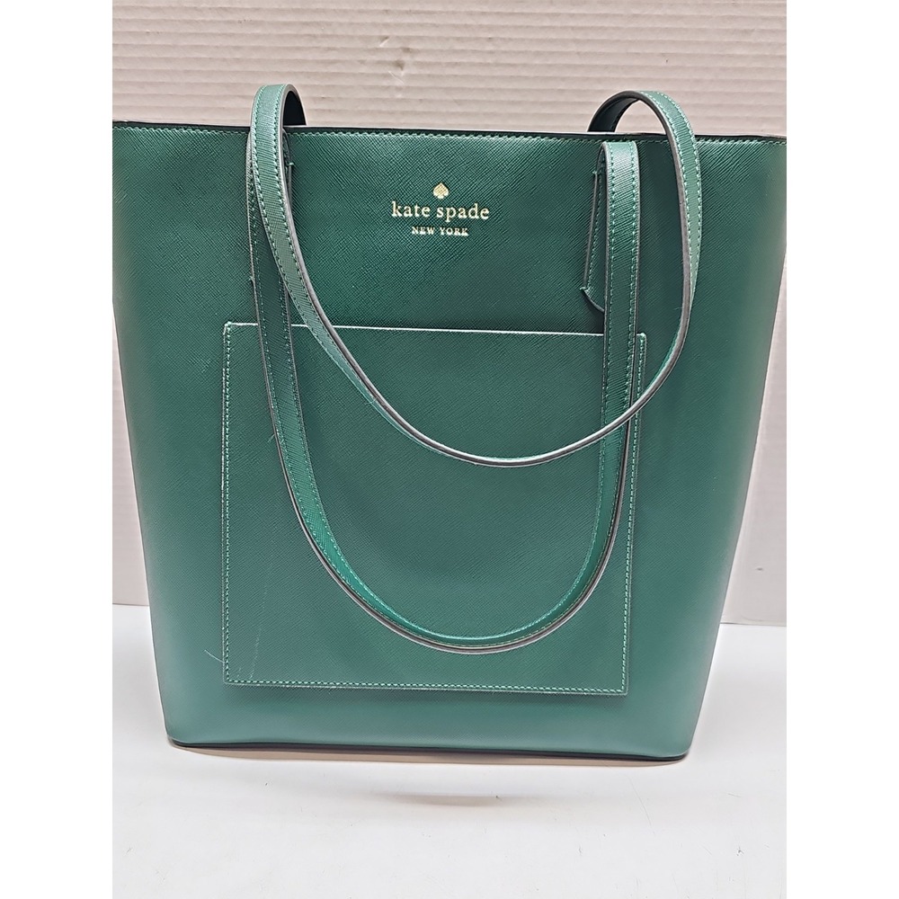 Kate Spade New York Large Dark Green Faux Leather Tote Bag Outside Pocket